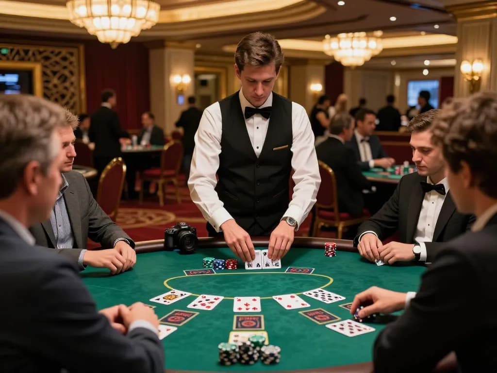 Players engaged in strategic blackjack gameplay at the upscale VK88 casino table.