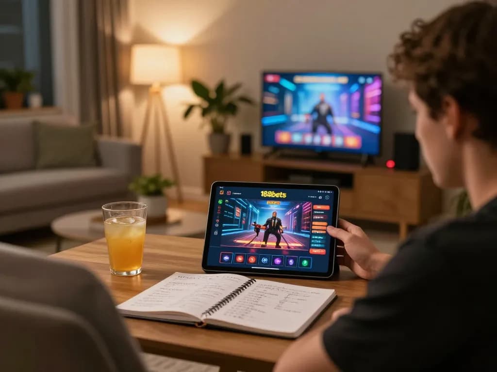 Player enjoying 188bets casino games on tablet in cozy home setting, focusing on responsible gambling
