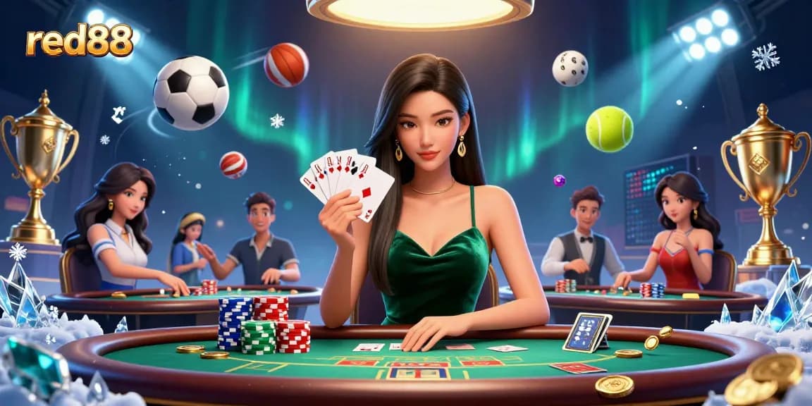 Engage with red88 by playing at a luxurious poker table under warm lighting.