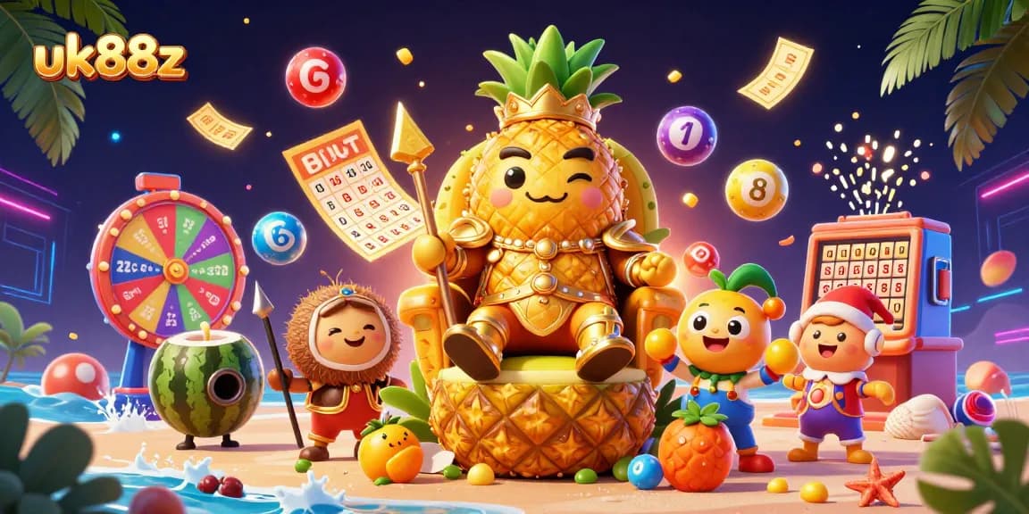 Play with uk88z in this vibrant, packed casino scene featuring a golden pineapple king and dynamic lottery elements.
