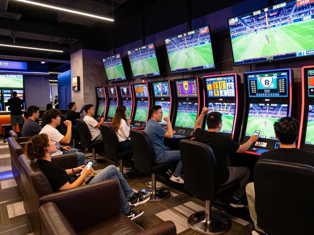 Betting on sports live at LV88, capturing excitement with screens, and engaged bettors.