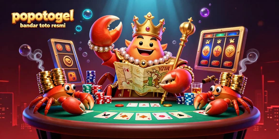 Engage with popotogel bandar toto resmi's vibrant gaming scene featuring a golden crab emperor amidst poker and slot elements.