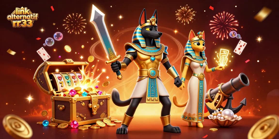 Experience dynamic gameplay with link alternatif rr33, showing Anubis and Bastet amidst explosive casino treasures.