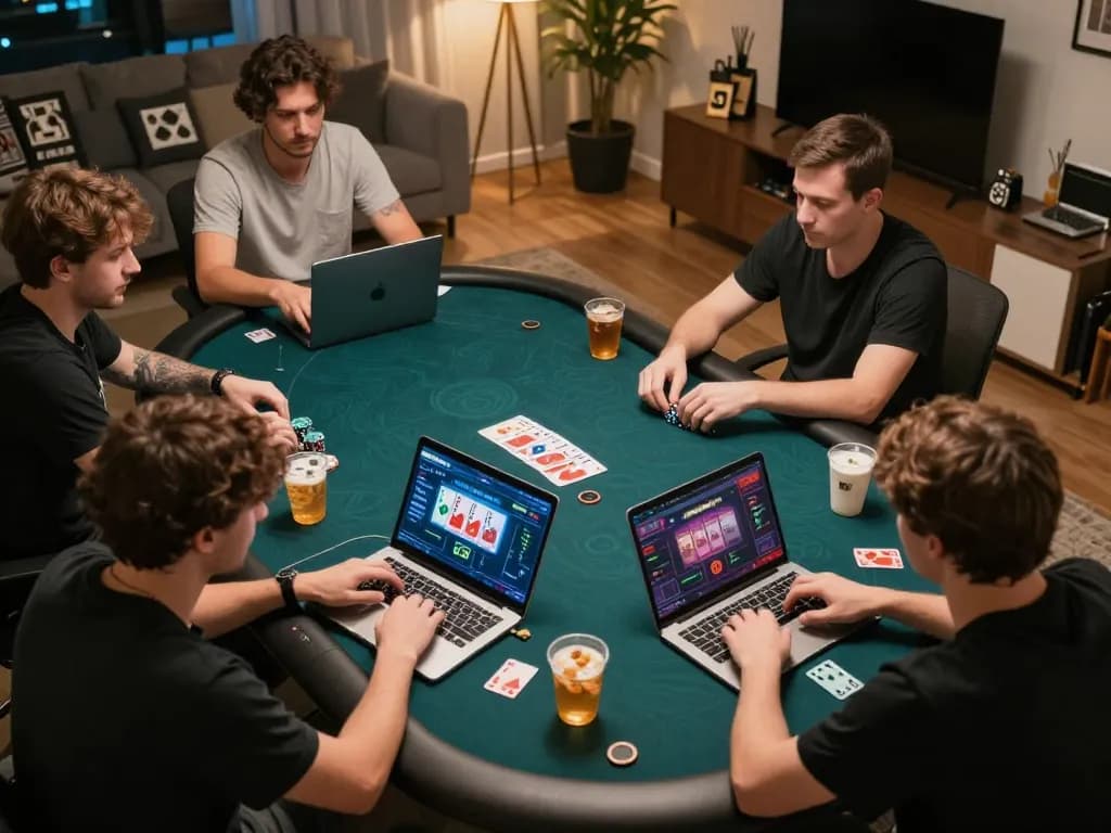MM88 online poker game in a cozy living room with focused players and vibrant graphics