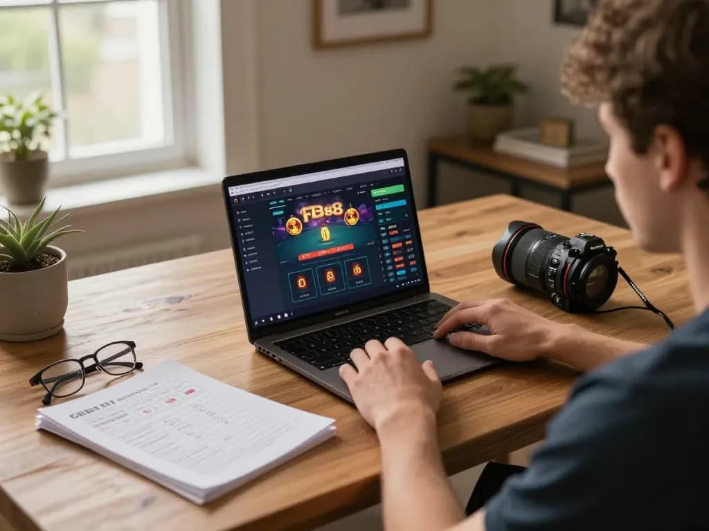 FB88 player strategizing on an online casino game during a cozy home session