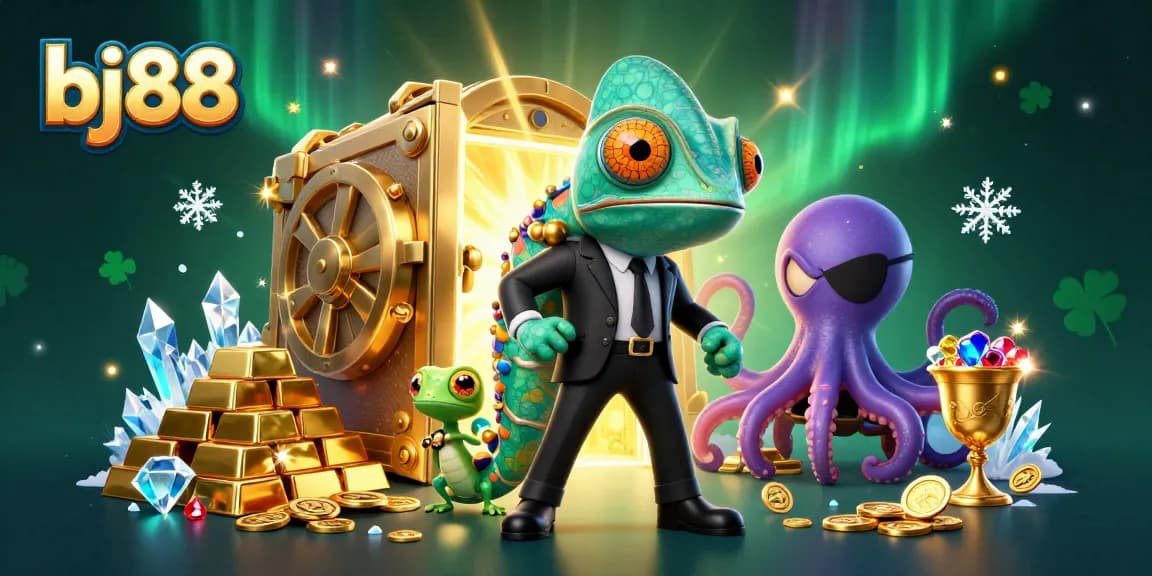 Experience thrilling moments at bj88 with this dynamic illustration of casino characters amidst treasures.