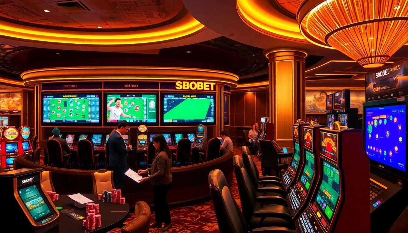 SBOBET sports betting experience with enthusiastic bettors and vibrant casino elements.
