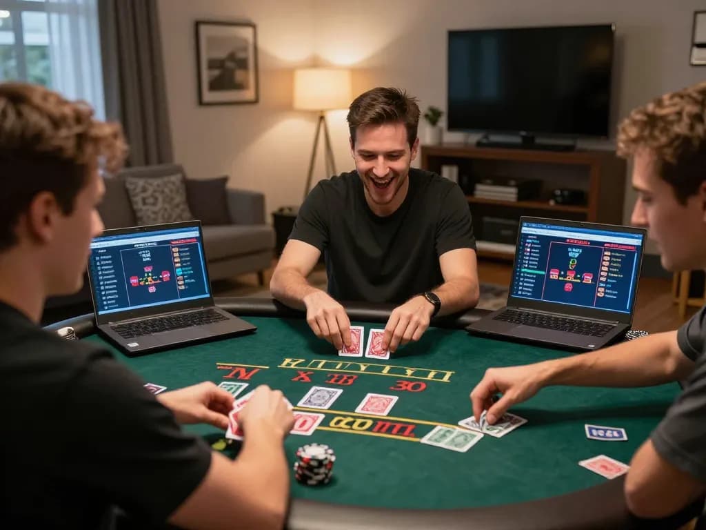 Players at TG88 enjoying an online blackjack game with a live dealer in a lively home gaming setup.