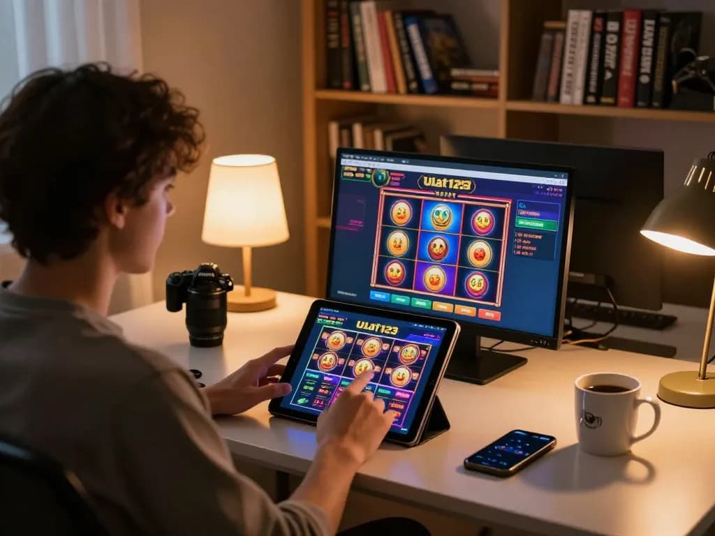 Permainan kasino online Ulat123 yang menarik di tablet dalam suasana rumah yang nyaman