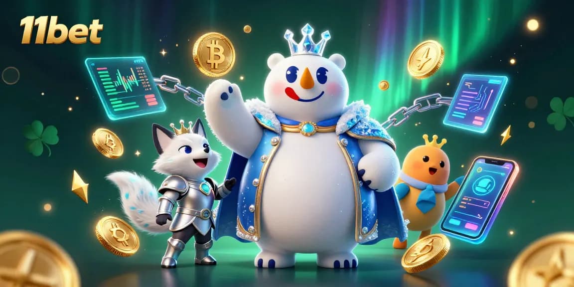 Bet on 11bet with a lively 3D scene featuring a polar bear and a snow fox amid crypto rewards.