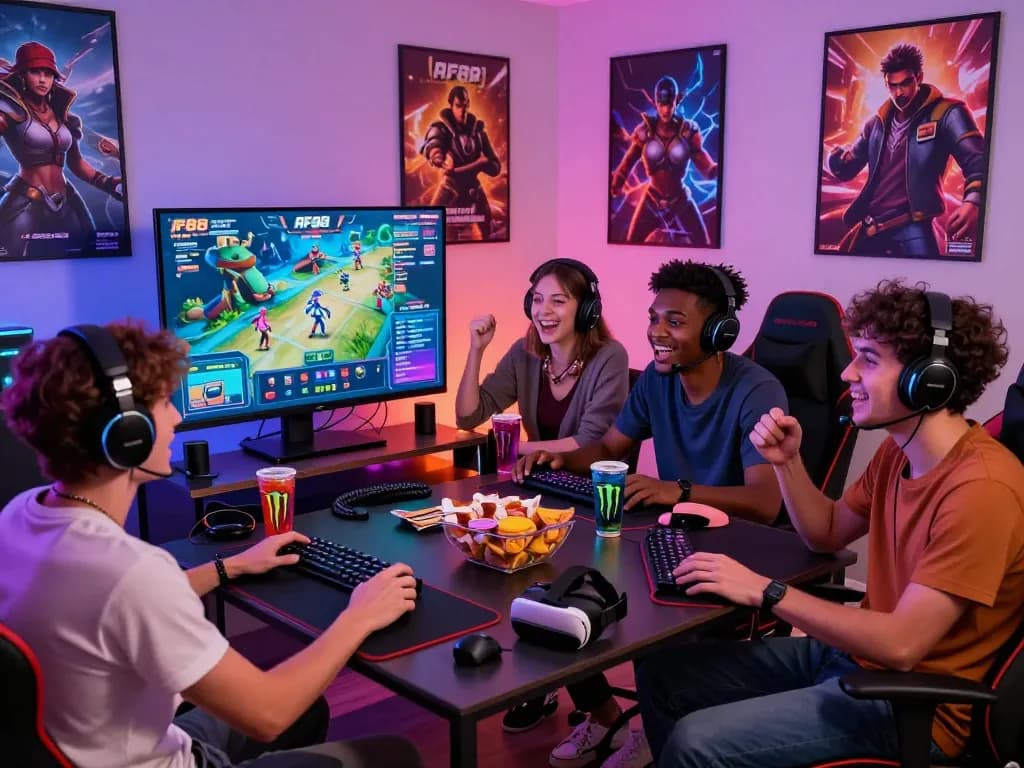 Friends engaged in an exciting AF88 game session with colorful LED lighting and gaming gear.