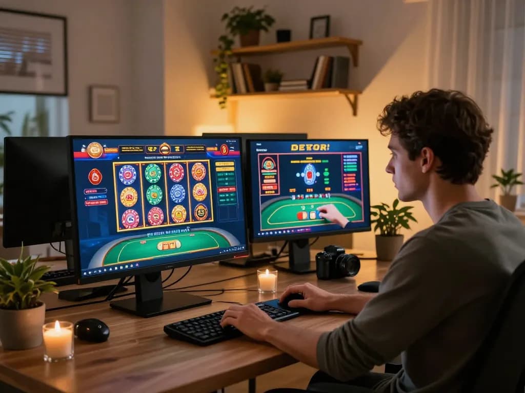 Engaging in online gambling at 11-hd, a player strategically betting on casino games in a modern home office.