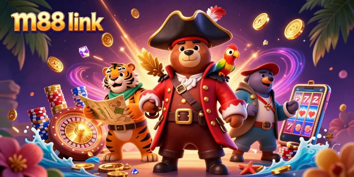 Experience thrilling gameplay with M88 link featuring a pirate captain bear, vibrant casino elements, and exciting treasures.