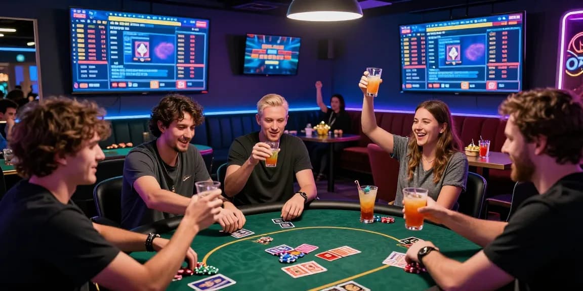 Exciting ngamenjitu online gambling scene with players celebrating wins in a vibrant lounge.