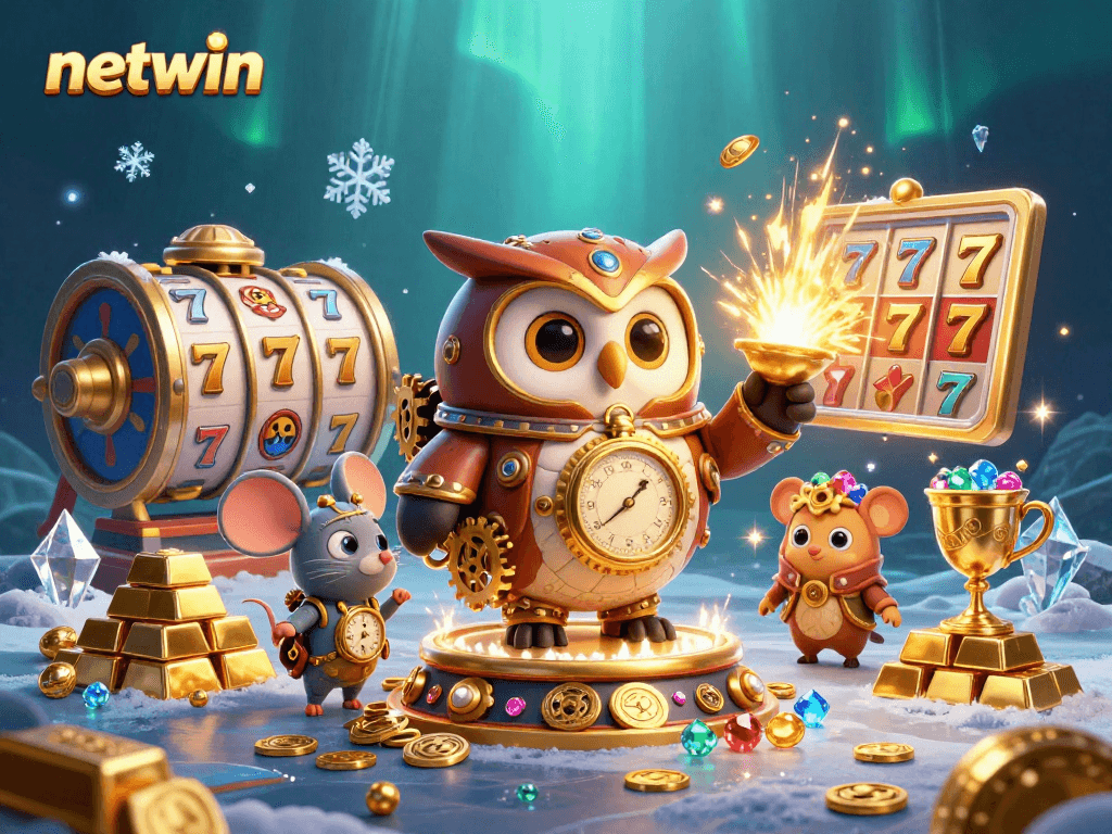 Experience the excitement of netwin's online slots with this vibrant steampunk casino illustration.