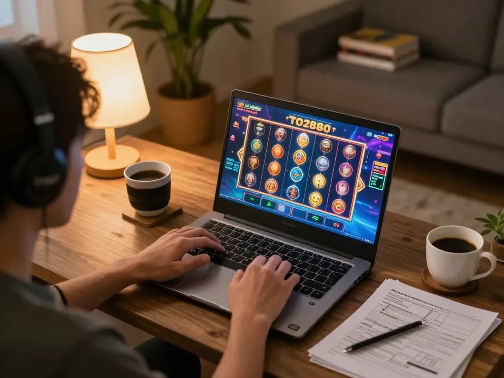 Engaging online gaming experience at TO288 with person playing on a laptop in a cozy setting.