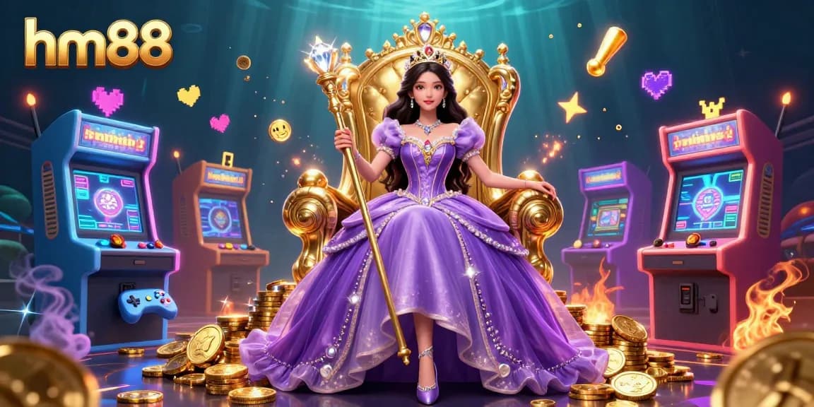Play at hm88 with stunning visuals featuring a royal character among vibrant game equipment.