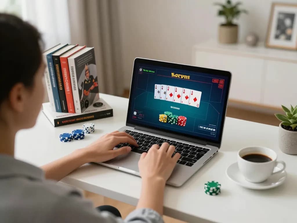 KJC poker player strategizing on laptop in a modern home office setup