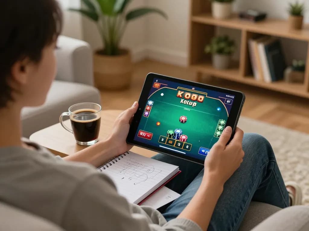 Player engaged in exciting Go88 poker game on a tablet, showcasing vibrant graphics and cozy atmosphere.