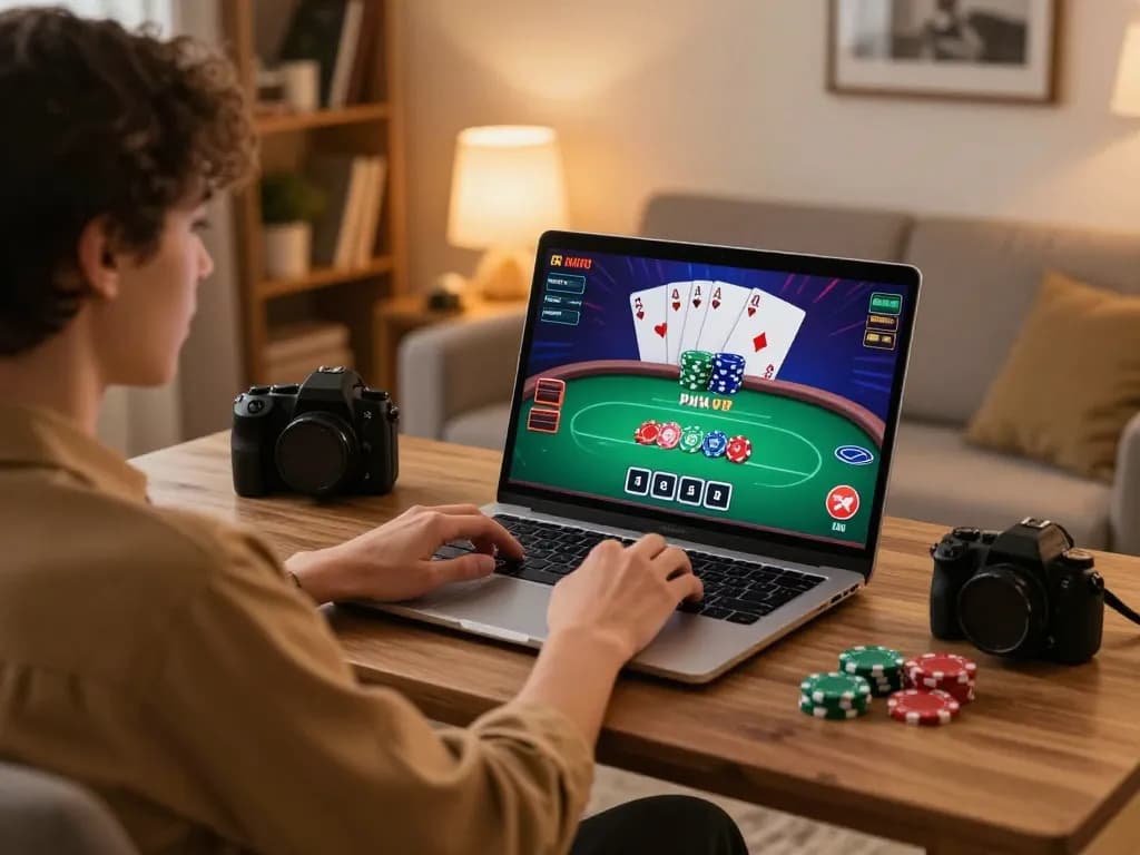 Engaging in poker online at home with cm88, showcasing a player at a stylish gaming setup.