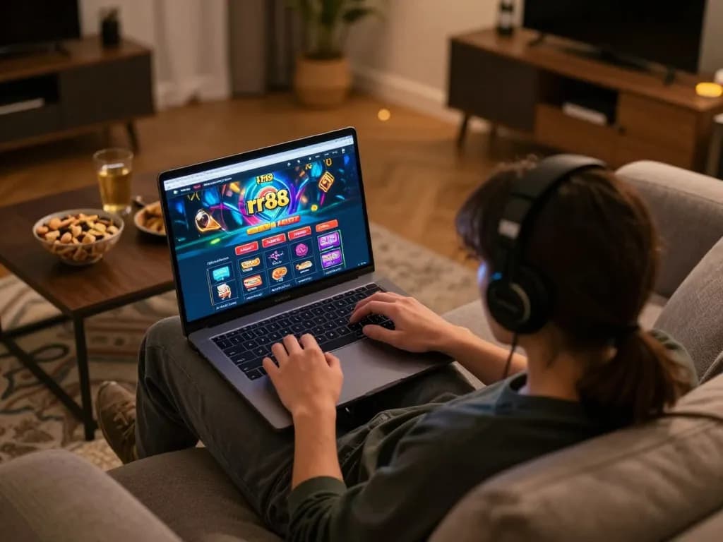 Engaging gaming session on rr88 with a cozy home setup showing vibrant casino graphics