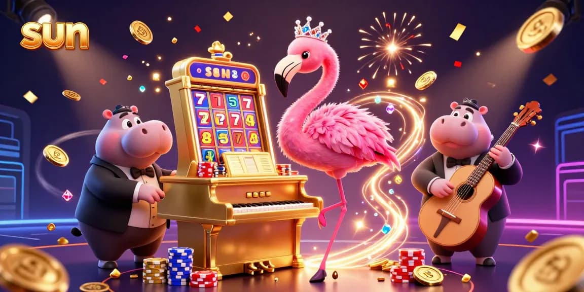 Experience thrilling gaming action with the sun-themed casino illustration featuring vibrant characters and engaging slot elements.