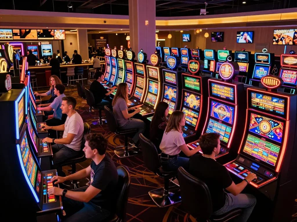 Players enjoying vibrant slot machines at TG88 casino, showcasing excitement and gaming action