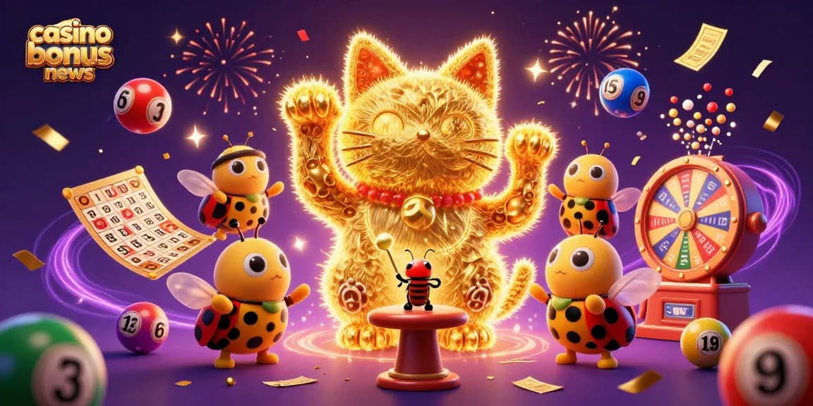 Immerse in the vibrant casino bonus news scene featuring a lucky cat composed of fireflies, dynamic game elements, and celebratory effects.