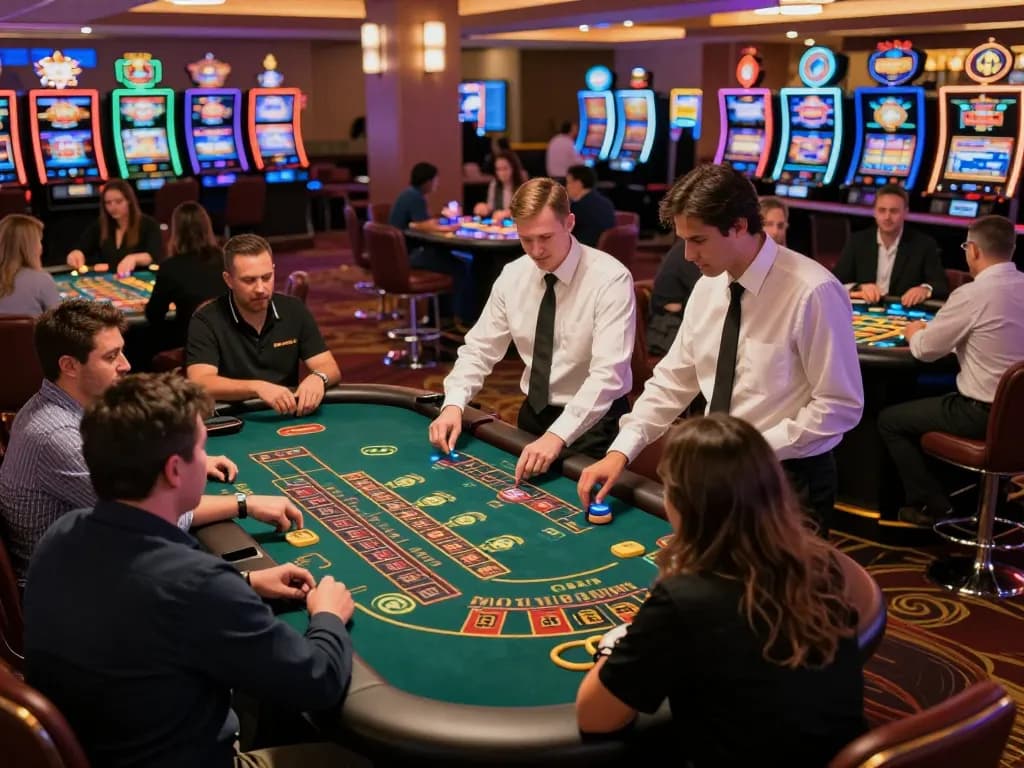 Players enjoying dynamic games on casino floor featuring keyword 5679, vibrant action, excited atmosphere.