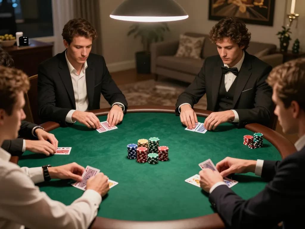 Players engaged in a strategic poker game at home, showcasing cm88 atmosphere of friendly competition.