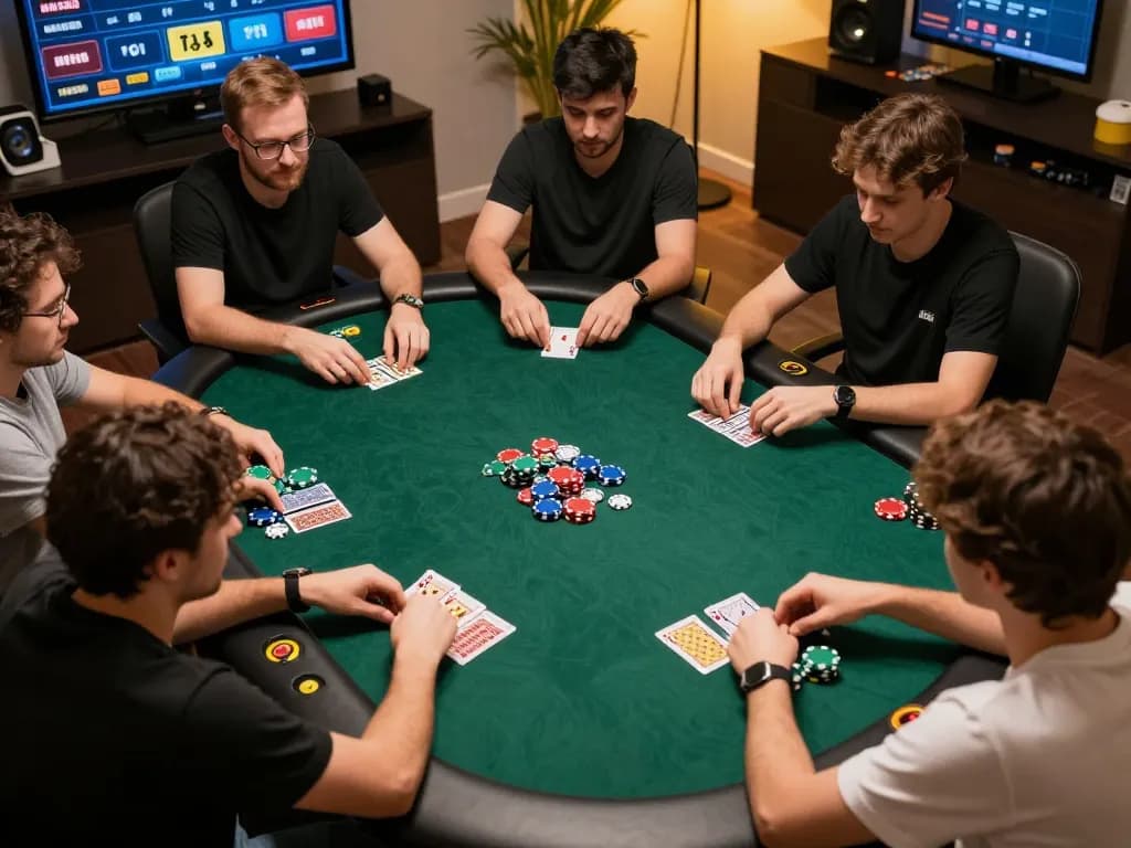 Engaging online poker game session showcasing ทางเข้า m105 gameplay excitement with vibrant chips and cards.