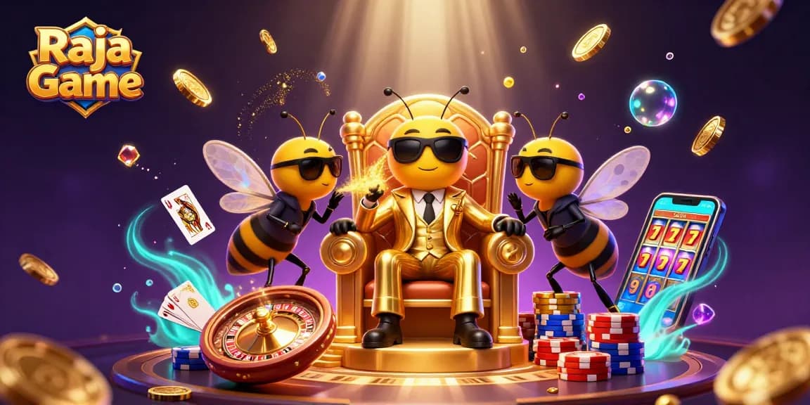 Visualize Raja Game with a bumblebee mob boss and dynamic casino elements in a dazzling scene.