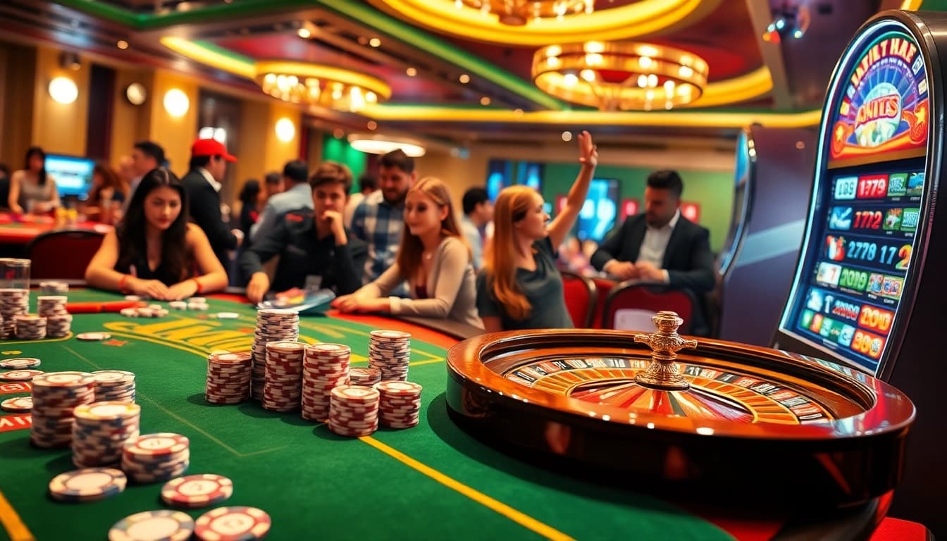 Players enjoying a vibrant AU88 casino experience with poker chips, cards, and slots.