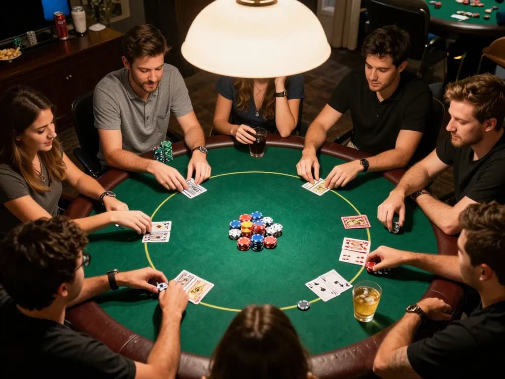 GO8 poker night with friends playing Texas Hold'em, showcasing chips and cards in warm home lighting.