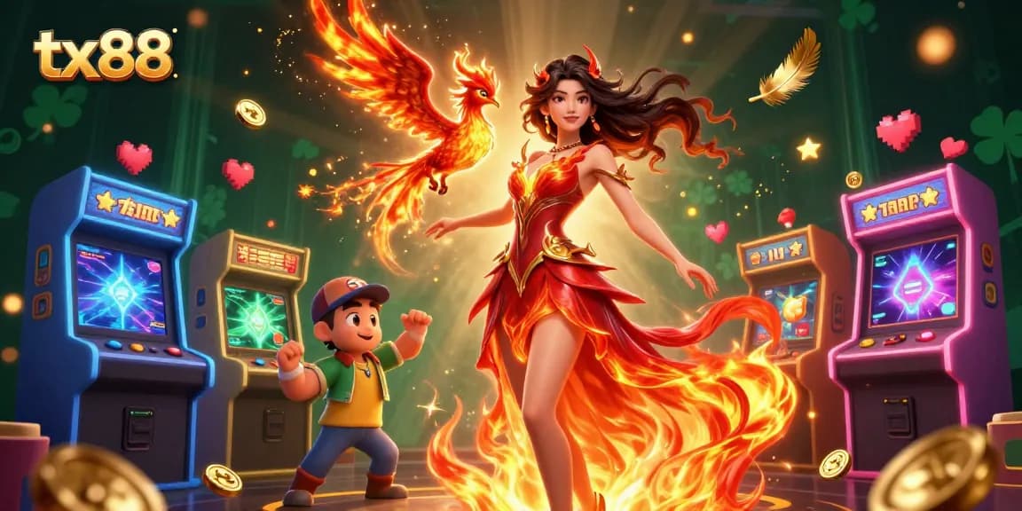 Engage with thrilling gameplay on tx88, showcasing a captivating Asian woman and gaming elements amidst vibrant casino decor.