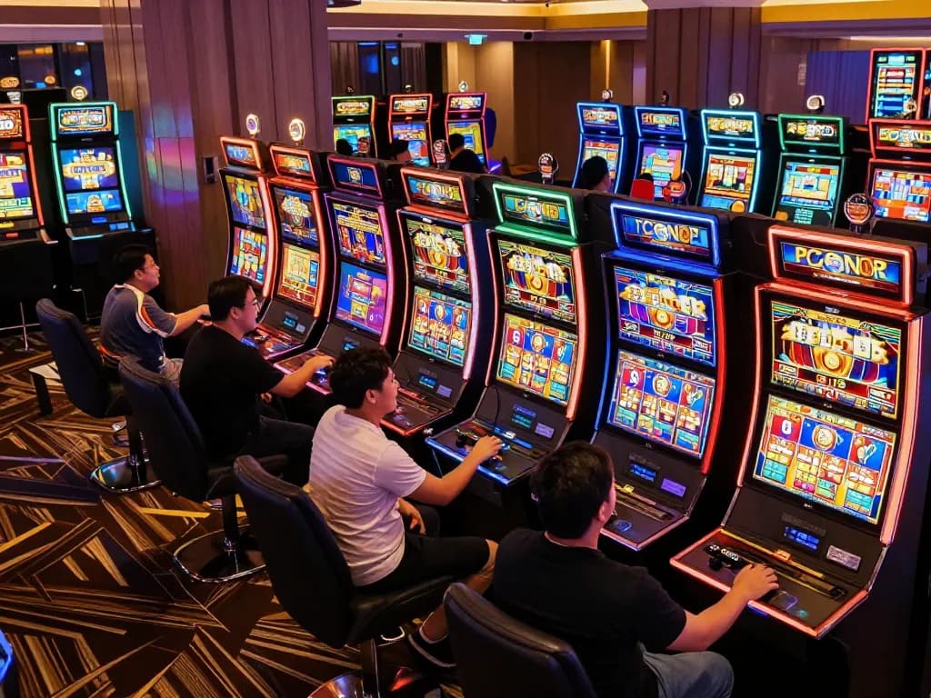 Pemain merasakan kegembiraan saat memutar gulungan berwarna-warni di situs slot online, menggambarkan keseruan potensi kemenangan.