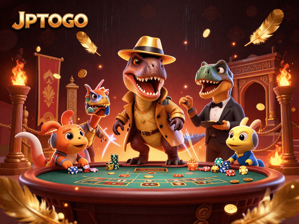 Engage with JPTOTO in a vibrant 3D casino scene featuring a velociraptor, pit boss, and pickpocket.