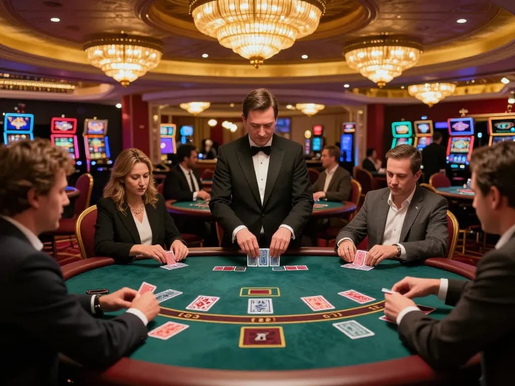 Play participants enjoying a game of blackjack at the sun win casino, illuminated by chandeliers