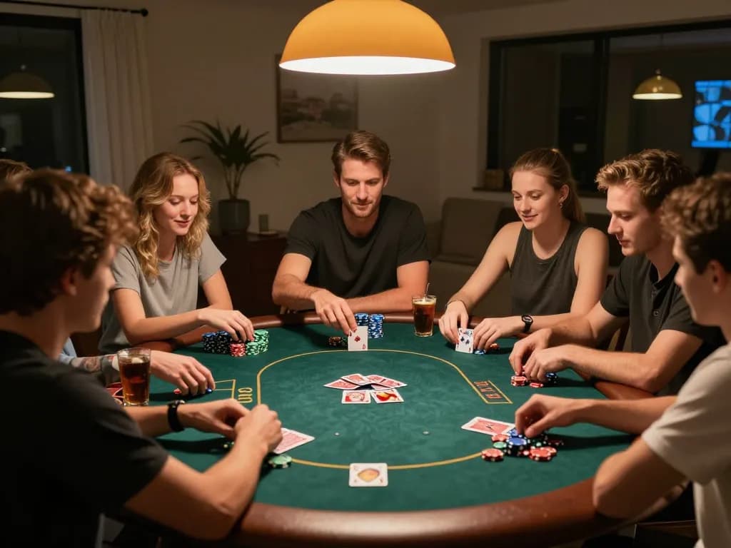 Friends playing poker in a cozy home setting, showcasing gg88 com's engaging gaming experience