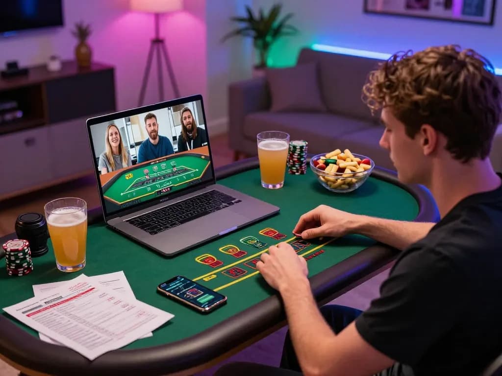 Hello88 online gaming setup with a player engaged in a blackjack game, showcasing a cozy and social atmosphere.
