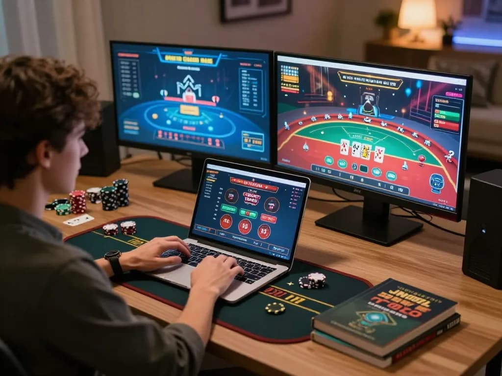 Engaging in high-stakes poker with SC88E platform on a stylish home setup.
