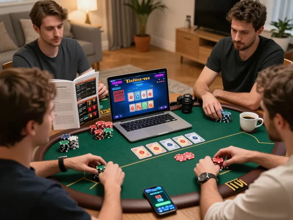 cloud-africa poker game scene with players engaged in strategic decision-making and cozy home ambiance