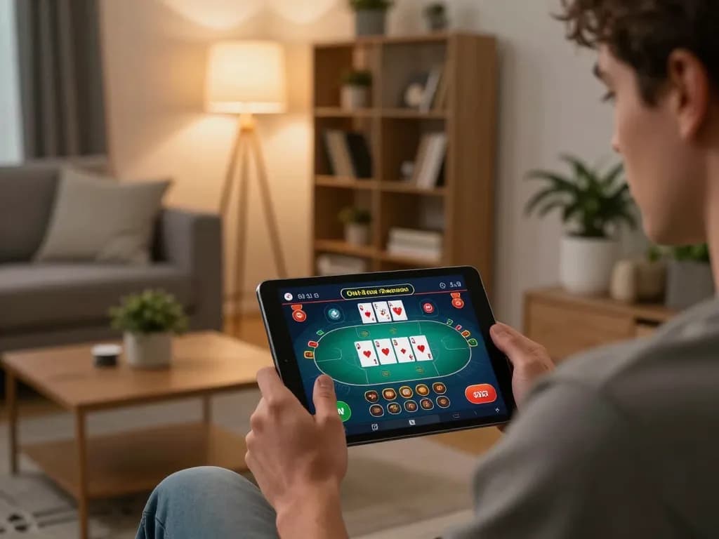 Player enjoying online poker game on tablet at home during relaxing evening with n188.