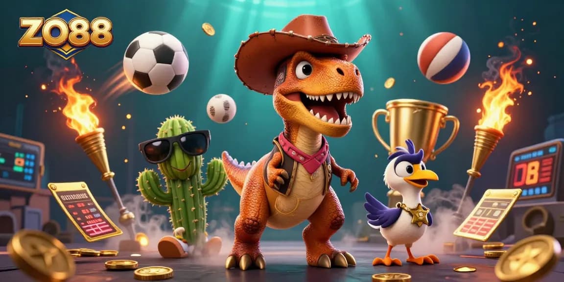 Engage in ZO88 sports betting with a dynamic casino scene featuring cartoon dinosaur and friends.