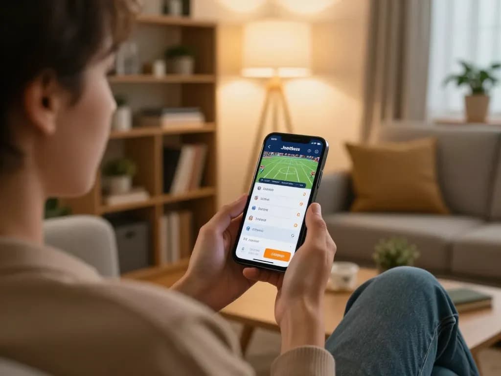 Engaging with Jeetbuzz Download App for mobile sports betting in a cozy living room.