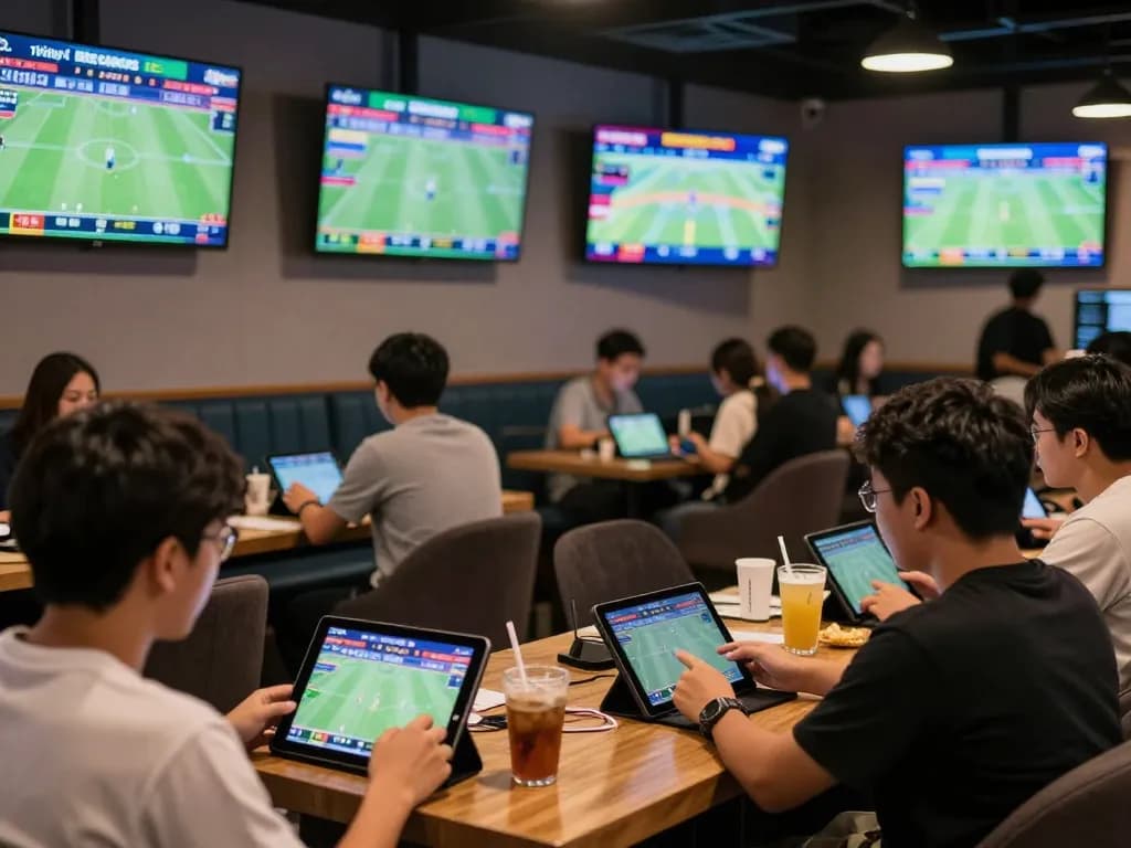 Tỷ Lệ Bóng Đá displayed on screens at vibrant sports betting lounge filled with enthusiastic patrons.