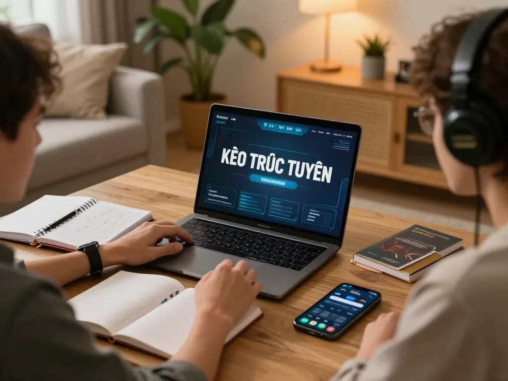 KÈO TRỰC TUYẾN online gaming setup with player focused on betting strategies and laptop