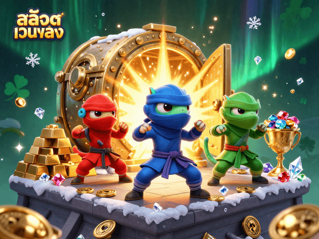 Experience thrilling gameplay with สล็อตเว็บตรง featuring ninja chameleon characters amidst treasures and vibrant casino elements.