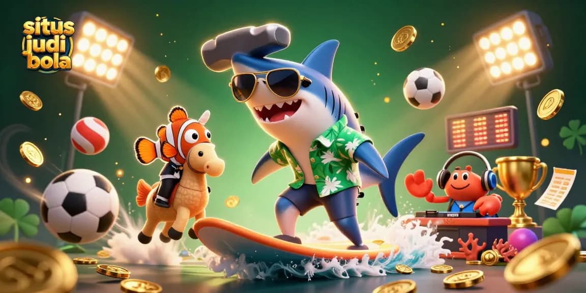 Situs judi bola scene featuring a shark and clownfish navigating a vibrant wave of gold coins.
