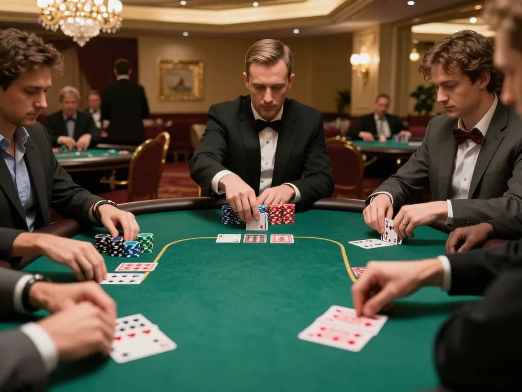High-stakes poker players strategizing at 388bet casino table, showcasing intense gameplay